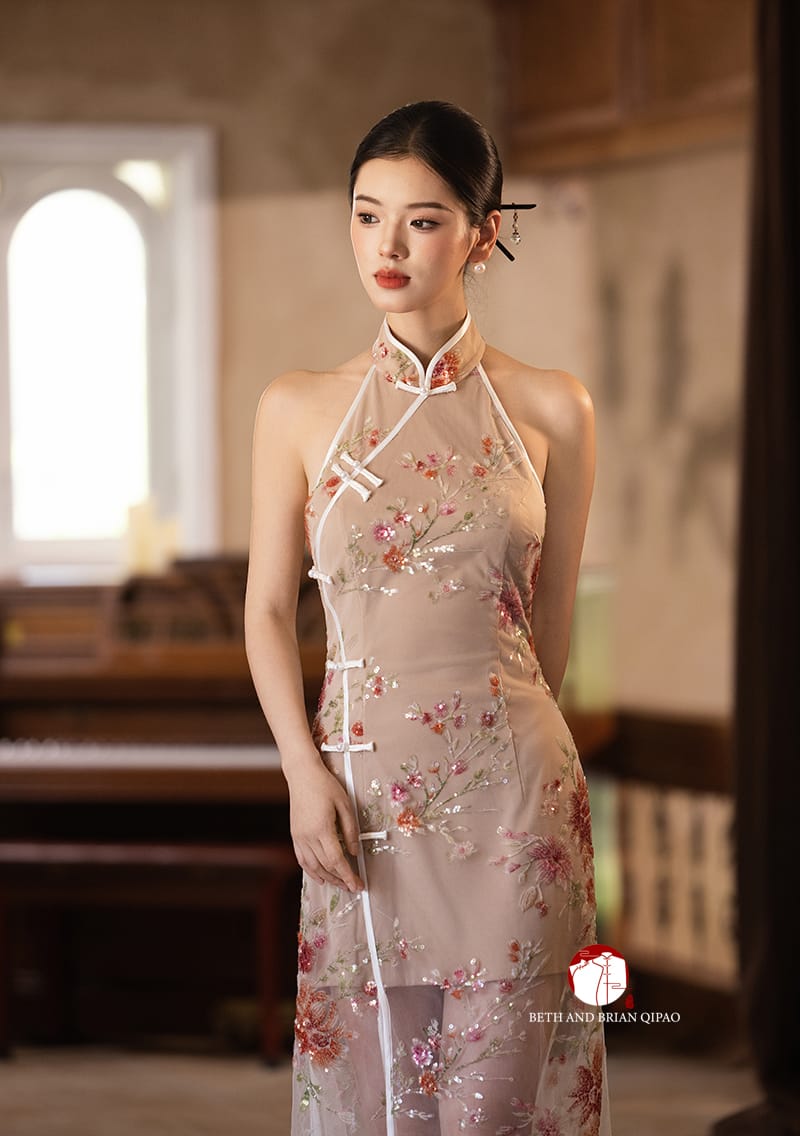 Beth and Brian Qipao-Exclusivedesigner Exclusive designer collection | Sheer Bottom Maxi Floral Sequins Qipao