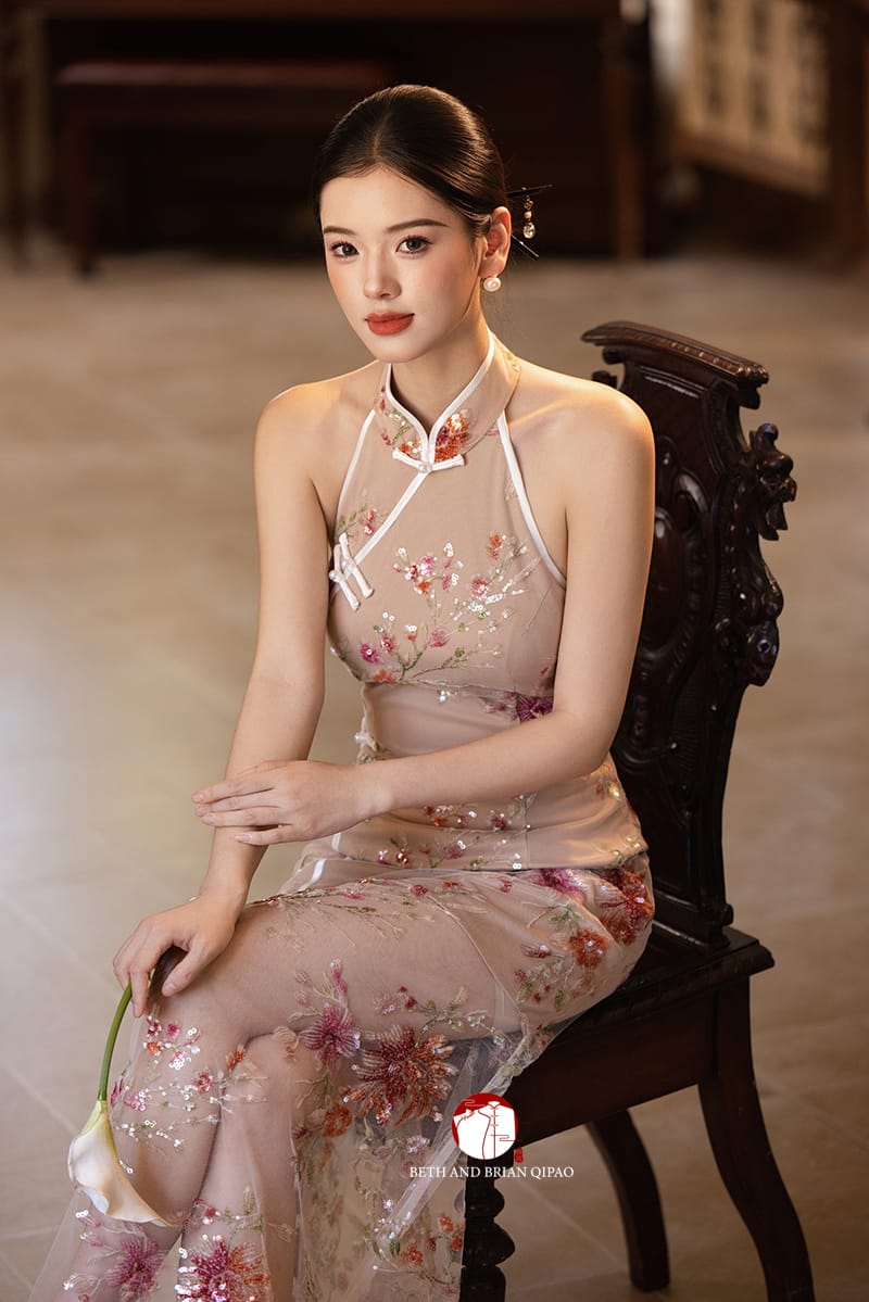 Beth and Brian Qipao-Exclusivedesigner Exclusive designer collection | Sheer Bottom Maxi Floral Sequins Qipao