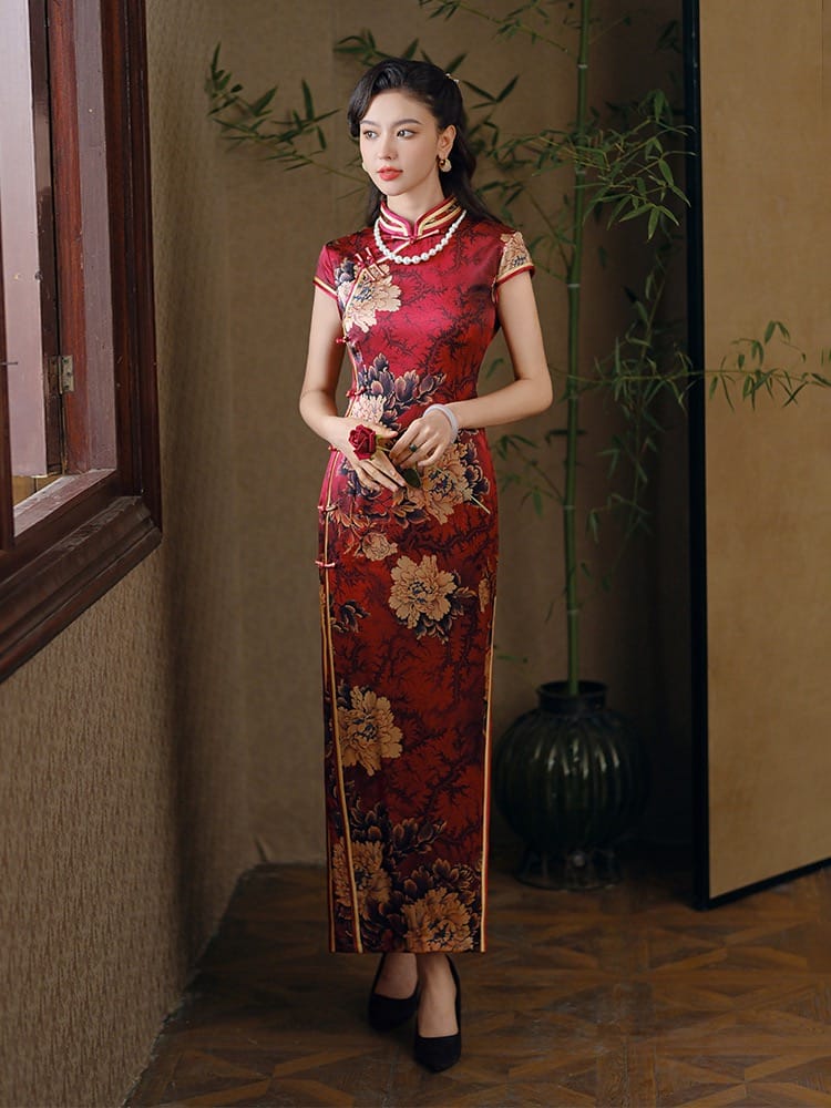 Beth and Brian Qipao-TL 19 Momme Pure Mulberry Silk Peony Bridal Qipao – Chinese Wedding Gown