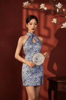 Beth and Brian Qipao-Exclusivedesigner Exclusive designer collection, blue and white porcelain, water-drop collar short Qipao