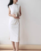 Beth and Brian Qipao-Exclusivedesigner Minimalist Cheongsam Dress-Sleeveless Satin Qipao