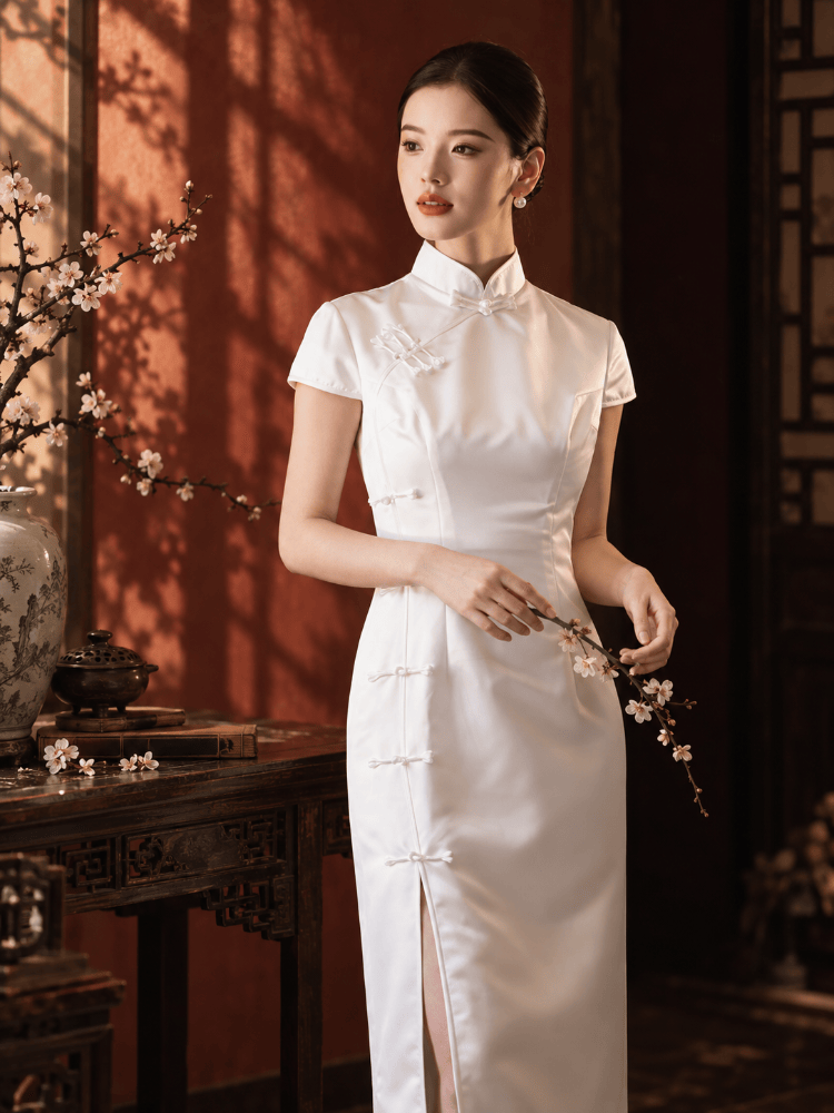 Beth and Brian Qipao-Exclusivedesigner Exclusive Designer Collection | Minimalism White long Cheongsam Gown