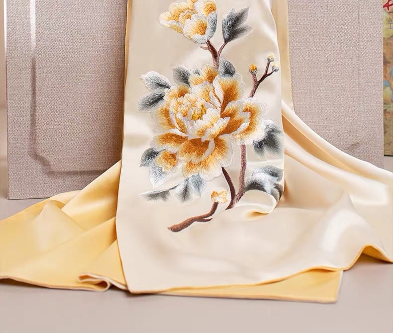 Beth and Brian Qipao-TX Chloe Peony Embroidery 16 Momme Mulberry Silk Scarf & Brooch Gift Set
