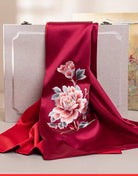 Beth and Brian Qipao-TX Chloe Peony Embroidery 16 Momme Mulberry Silk Scarf & Brooch Gift Set