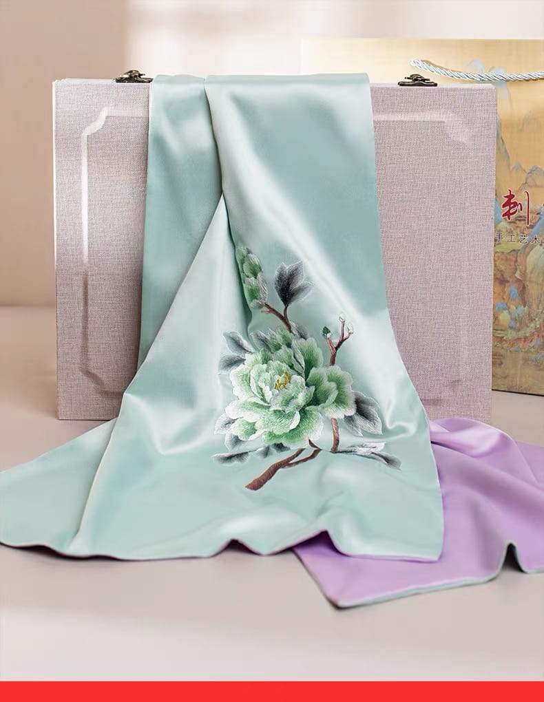 Beth and Brian Qipao-TX Chloe Peony Embroidery 16 Momme Mulberry Silk Scarf & Brooch Gift Set