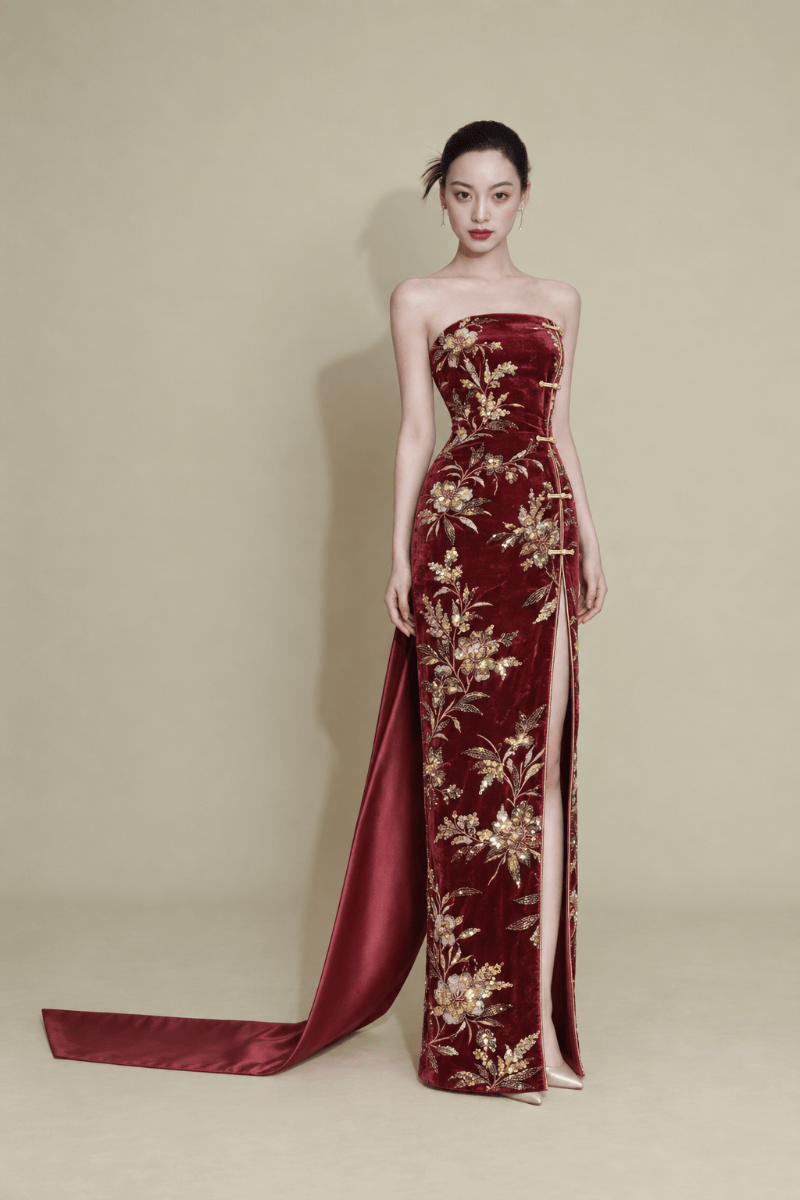 Beth and Brian Qipao - Exclusive Exclusive Designer Collection, Tube Top Long Qipao