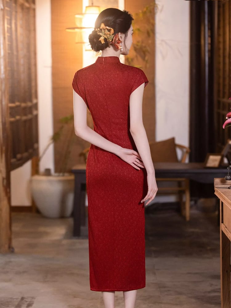 Beth and Brian Qipao-LSB Stella Vintage Red Knitting‑Jacquard Long Cheongsam