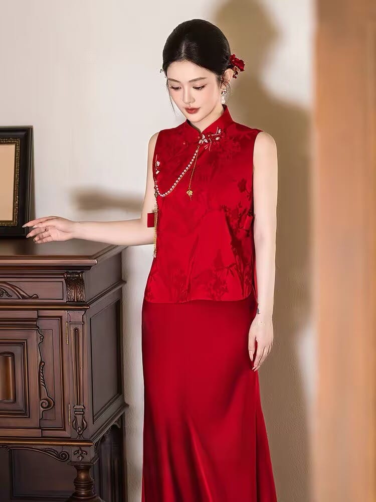 Beth and Brian Qipao-SSM Sophia Vintage Red Satin Jacquard Two‑Piece Cheongsam Set