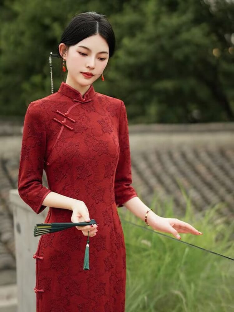 Beth and Brian Qipao-YYY Scarlett Vintage Red Stretch Cotton Midi Cheongsam