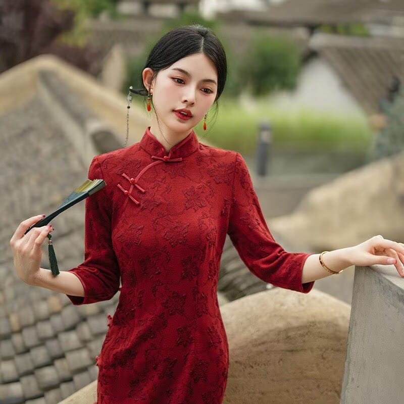 Beth and Brian Qipao-YYY Scarlett Vintage Red Stretch Cotton Midi Cheongsam