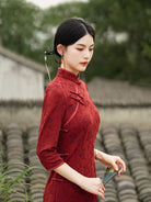 Beth and Brian Qipao-YYY Scarlett Vintage Red Stretch Cotton Midi Cheongsam
