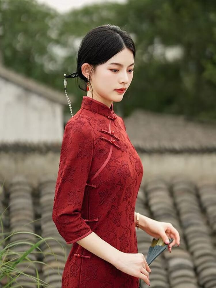 Beth and Brian Qipao-YYY Scarlett Vintage Red Stretch Cotton Midi Cheongsam