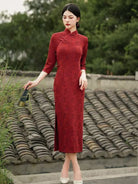 Beth and Brian Qipao-YYY Scarlett Vintage Red Stretch Cotton Midi Cheongsam