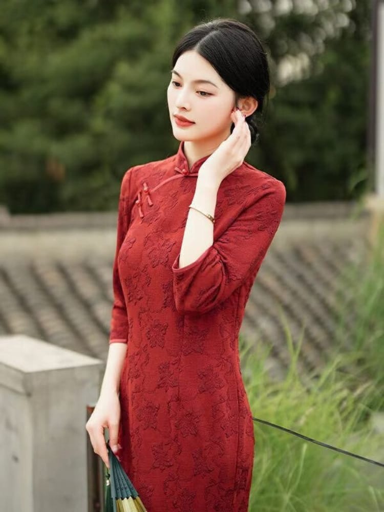 Beth and Brian Qipao-YYY Scarlett Vintage Red Stretch Cotton Midi Cheongsam