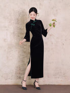 Beth and Brian Qipao-XL Josephine Vintage Black Velvet Midi Cheongsam with Green Frog Buttons
