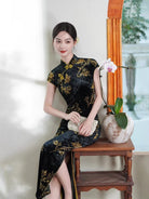 Beth and Brian Qipao-XL Vivienne Vintage Black Velvet Gold Floral Midi Cheongsam