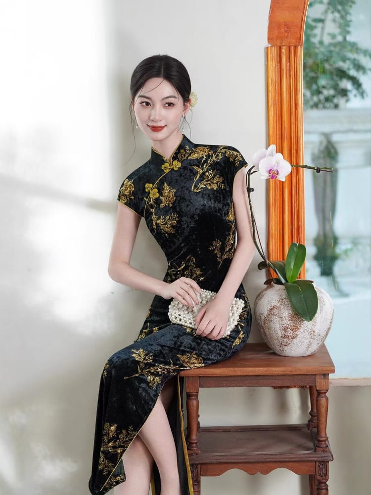 Beth and Brian Qipao-XL Vivienne Vintage Black Velvet Gold Floral Midi Cheongsam