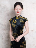 Beth and Brian Qipao-XL Vivienne Vintage Black Velvet Gold Floral Midi Cheongsam