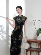 Beth and Brian Qipao-XL Vivienne Vintage Black Velvet Gold Floral Midi Cheongsam