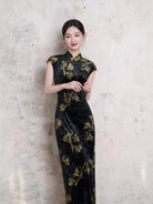 Beth and Brian Qipao-XL Vivienne Vintage Black Velvet Gold Floral Midi Cheongsam