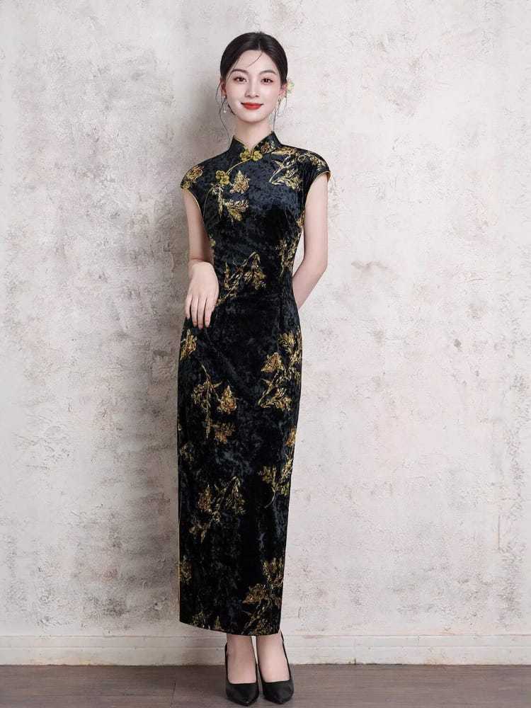 Beth and Brian Qipao-XL Vivienne Vintage Black Velvet Gold Floral Midi Cheongsam