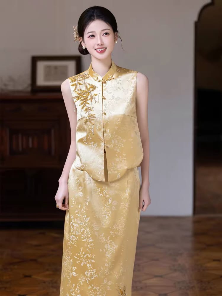 Beth and Brian Qipao-QHM Luna Vintage Gold Brocade Two‑Piece Cheongsam Set