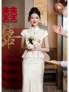 Beth and Brian Qipao-FMS Chloe Vintage White Polyester Jacquard Two‑Piece Cheongsam Set