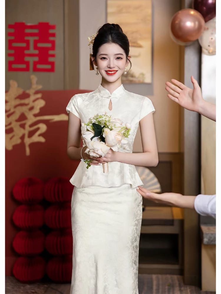 Beth and Brian Qipao-FMS Chloe Vintage White Polyester Jacquard Two‑Piece Cheongsam Set