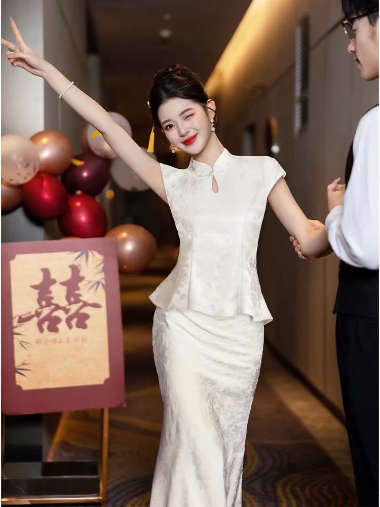 Beth and Brian Qipao-FMS Chloe Vintage White Polyester Jacquard Two‑Piece Cheongsam Set