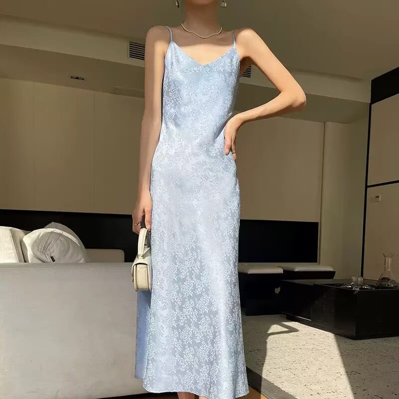 Beth and Brian Qipao-PX Sophia V‑Neck Satin Jacquard Slip Midi Dress (4 Colors Available)