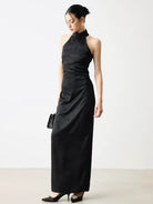 Beth and Brian Qipao-MS Vivian Black Halter Jacquard Maxi Cheongsam Dress