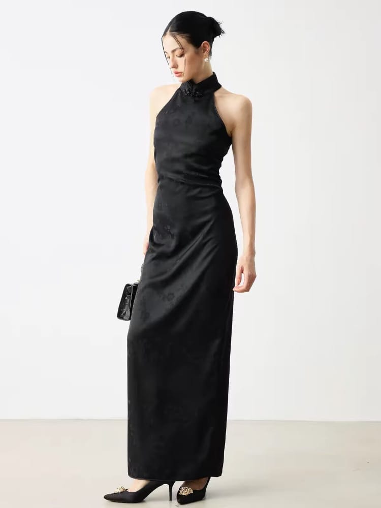 Beth and Brian Qipao-MS Vivian Black Halter Jacquard Maxi Cheongsam Dress