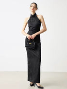 Beth and Brian Qipao-MS Vivian Black Halter Jacquard Maxi Cheongsam Dress