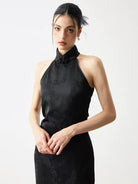Beth and Brian Qipao-MS Vivian Black Halter Jacquard Maxi Cheongsam Dress