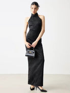 Beth and Brian Qipao-MS Vivian Black Halter Jacquard Maxi Cheongsam Dress