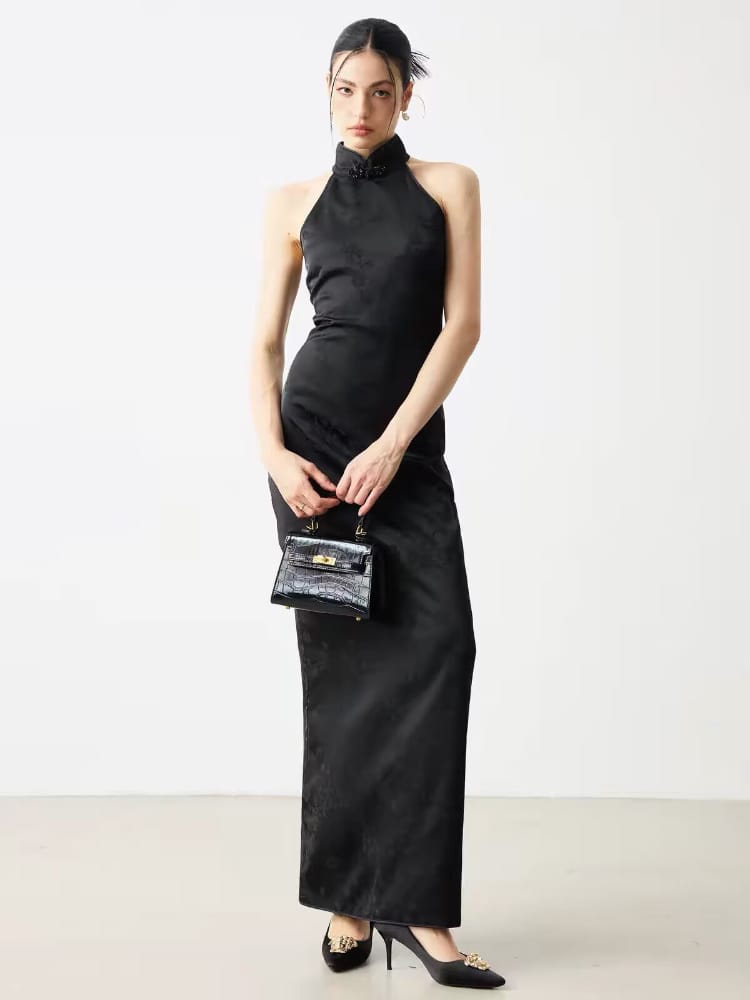 Beth and Brian Qipao-MS Vivian Black Halter Jacquard Maxi Cheongsam Dress