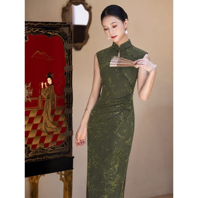 Beth and Brian Qipao-LSB Josephine Floral Sleeveless Flocking Midi Cheongsam, 5 Colors Available