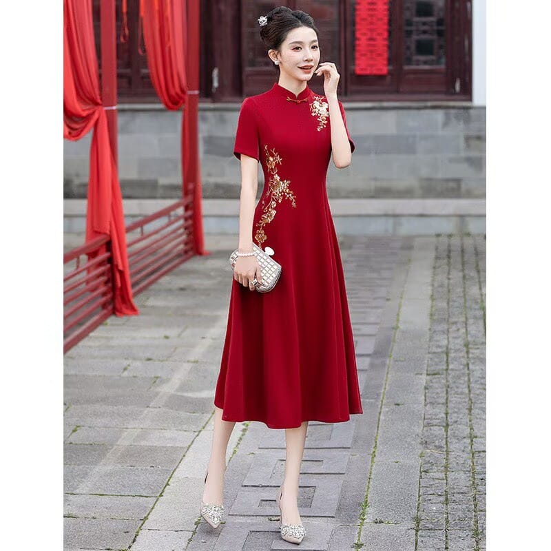 Beth and Brian Qipao-MC Amanda Red Gold‑Embroidery Midi Plus size Cheongsam Dress