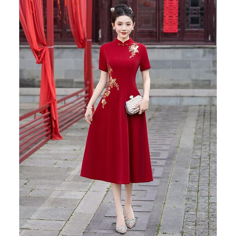 Beth and Brian Qipao-MC Amanda Red Gold‑Embroidery Midi Plus size Cheongsam Dress