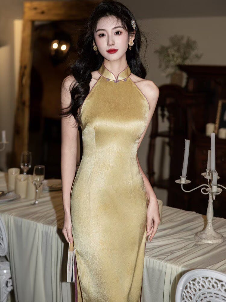 Beth and Brian Qipao-SS Genevieve Gold Halter Satin Long Cheongsam