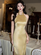 Beth and Brian Qipao-SS Genevieve Gold Halter Satin Long Cheongsam