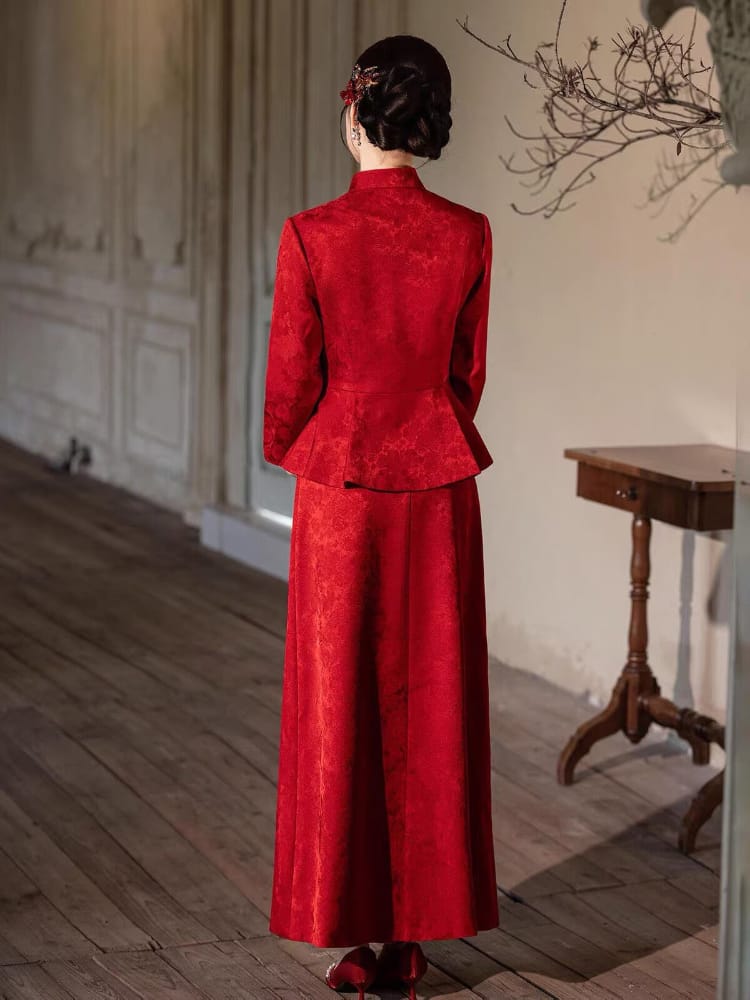 Beth and Brian Qipao-JY Margaret Red Brocade Satin Two‑Piece Cheongsam Set