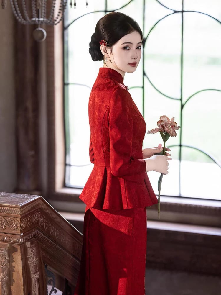 Beth and Brian Qipao-JY Margaret Red Brocade Satin Two‑Piece Cheongsam Set