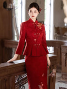 Beth and Brian Qipao-JY Margaret Red Brocade Satin Two‑Piece Cheongsam Set