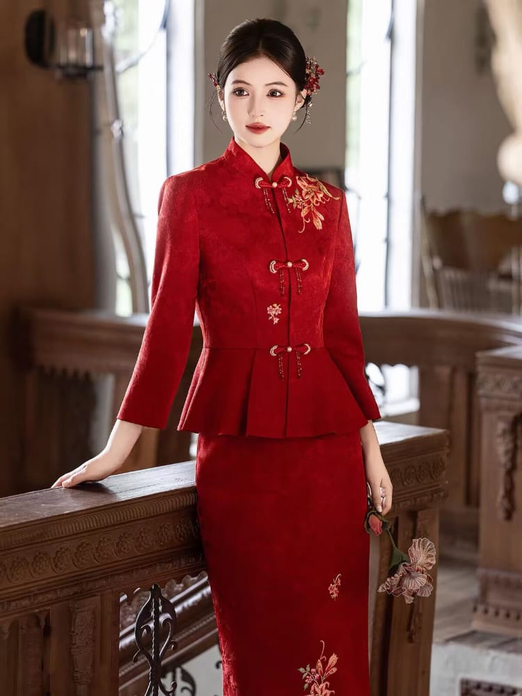 Beth and Brian Qipao-JY Margaret Red Brocade Satin Two‑Piece Cheongsam Set