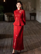 Beth and Brian Qipao-JY Margaret Red Brocade Satin Two‑Piece Cheongsam Set
