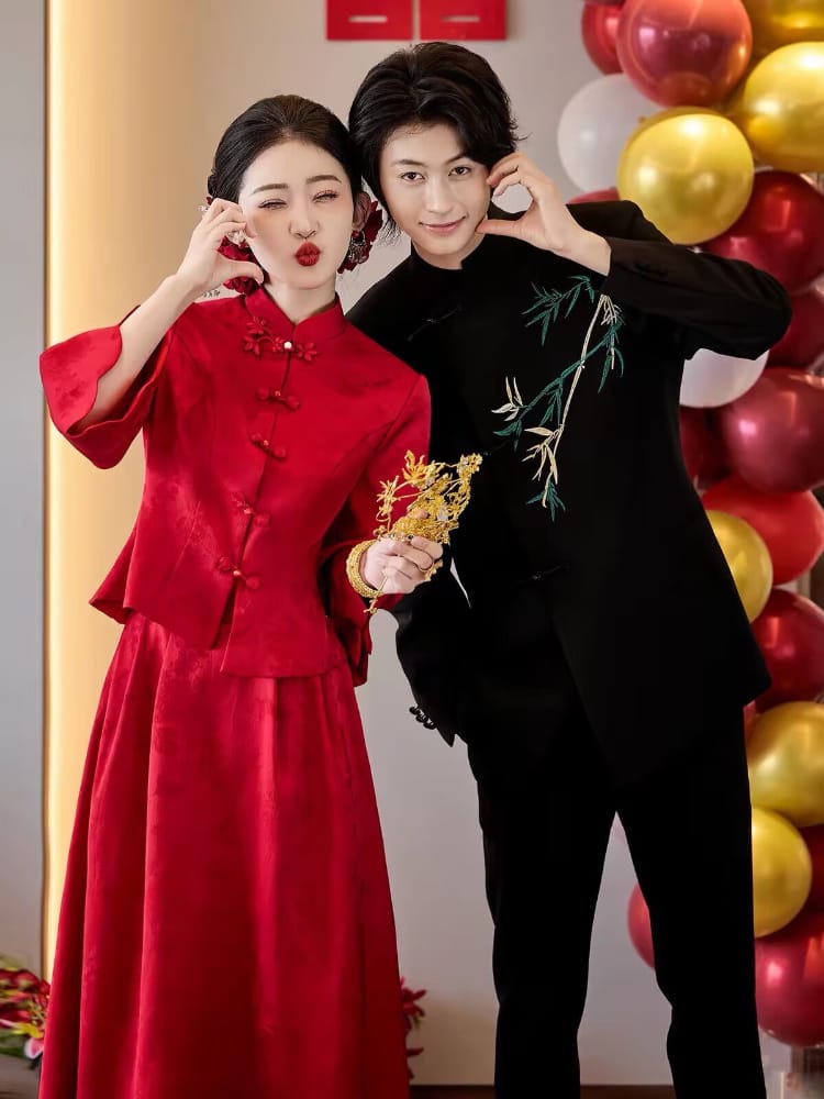 Beth and Brian Qipao-JY Luna Red Brocade Satin Two‑Piece Cheongsam Set