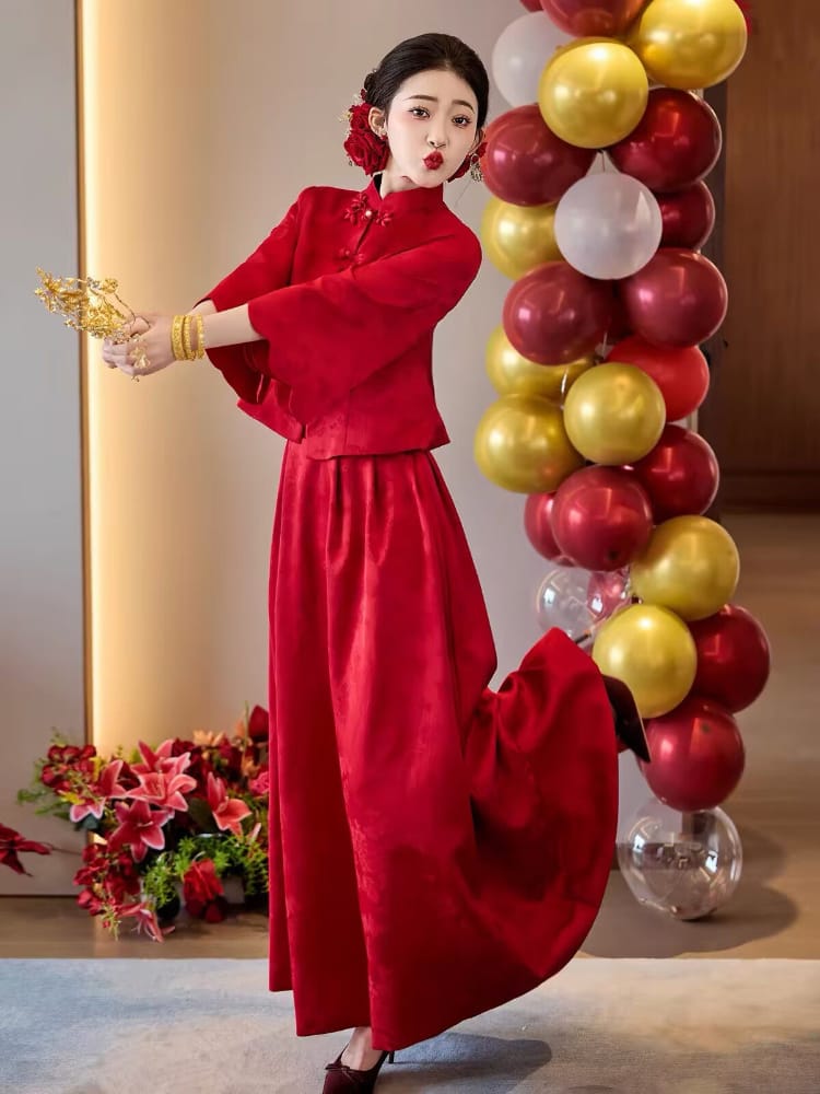 Beth and Brian Qipao-JY Luna Red Brocade Satin Two‑Piece Cheongsam Set