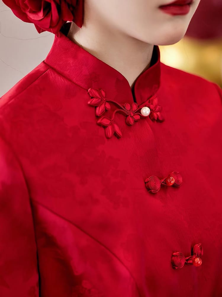 Beth and Brian Qipao-JY Luna Red Brocade Satin Two‑Piece Cheongsam Set
