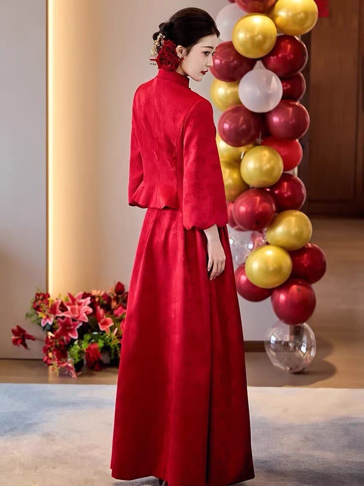 Beth and Brian Qipao-JY Luna Red Brocade Satin Two‑Piece Cheongsam Set
